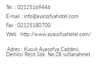 Ayasofya Hotel iletiim bilgileri